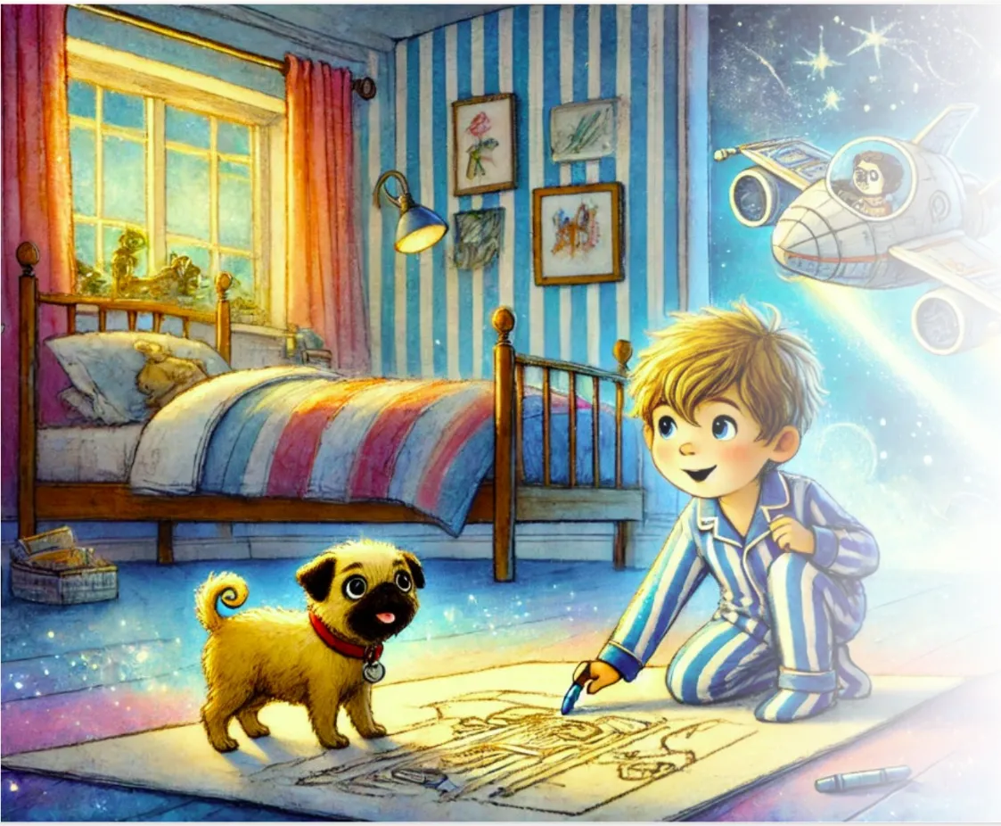 Henry, a small boy in blue striped pyjamas, kneels on his bedroom floor drawing with a crayon while Cecil the pug watches. A crayon spaceship glows in the night sky through the window.